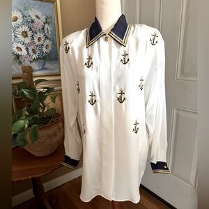 Vintage Tess Nautical Top Anchors Metallic Size 6 Old Money Coastal Elite Preppy